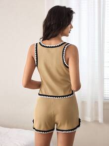 Ocili Bộ đồ ngủ nữ gồm áo hai dây và quần short phối màu tương phản - Màu Khaki - Xem 3