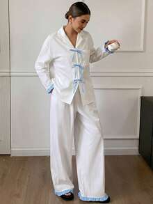 DAZY Cute Colorblock Lace-Up Bow Ruffle Trim Cardigan Long Sleeve & Long Pants 2pcs Set Spring Women's Pajama Set Fall - White - View 8