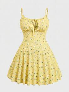 SHEIN EZwear 性感浅黄色针织紧身迷你连衣裙，细肩带，夏季 - 淡黃色 - 查看 1