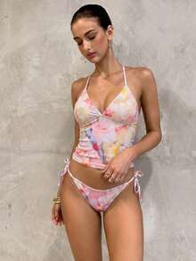 Swim Glamine 夏季甜美花卉奶油黃格紋比基尼背心套裝，休閒春夏度假海灘派對 2 件組 - 彩色 - 查看 10