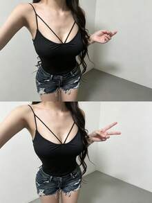 Coolane 女士夏季外出休闲可爱运动V领弹力露脐吊带背心，黑色上衣，吊带衫 - 黑色 - 查看 4
