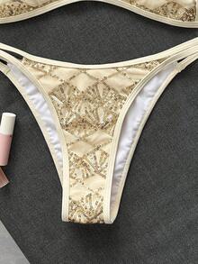 Bonvoyette 女款2件組夏季海灘比基尼套裝，刺繡亮片迷你罩杯雙肩帶上衣 & 雙繩泳褲，度假與游泳性感泳裝套裝 - 米色 - 查看 7