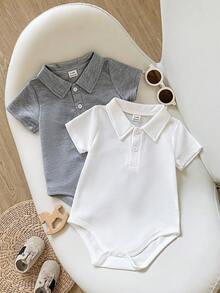 Playful Pals Baby Boy Summer Knit Romper Set, Solid Color Short Sleeve Half-Button Front Romper 2pcs, Suitable For Casual Outings - Grey - View 8