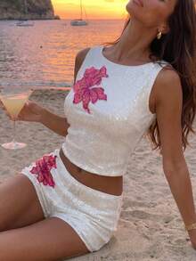 Opulessa Women's Floral Sequin Versatile Shorts - White - View 1