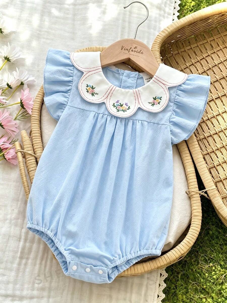 Vintaside Kids Baby Girls Spring/Summer Pure Apricot Romper, Cherry Embroidery Detail At Neckline, Sweet Minimalist Style, Comfortable Fit, Suitable For Daily Outings, Home Leisure, Casual Gatherings