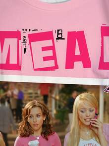 Mean Girls | SHEIN تي شيرت نسائي مقاس كبير بطبعة حروف وشخصيات، ياقة دائرية وأكمام قصيرة - أبيض - مشاهدة 2