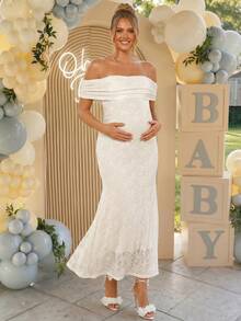 Loomaby Maternity Off-Shoulder Pleated Jacquard Elegant Dress,Gender Reveal Dress,Maternity Dress,Baby Shower Dress - Apricot - View 6