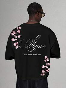 STYNVO Kaos Pria Fashion Motif Bunga & Huruf, Leher Bulat, Lengan Pendek - Hitam - View 3