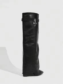 CUCCOO SZL Women's Pointed Toe Buckle Decor Tall Boots - Black - View 4