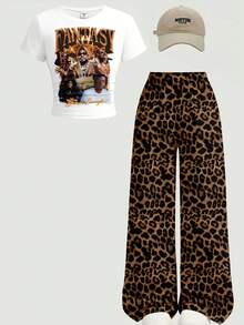 Conjunto de 2 piezas para niña con camiseta ajustada en la cintura y fruncida con estampado de leopardo retro, estilo Y2K, minimalista y casual, y pantalones holgados, adecuado para primavera/verano, uso diario, estilo callejero, salidas, regreso a clases, atuendos de primavera y verano, cómodo y fácil, conjunto casual de verano, niñas con estilo, conjunto de camiseta con gráfico de leopardo retro, moda de primavera y verano, estilo relajado y chic - Multicolor - Ver 3