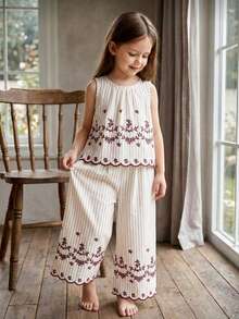 SHEIN Vintaside Kids 少女夏季黑白簡約優雅風直條紋花卉刺繡無袖上衣 & 寬腿長褲套裝，適合日常出遊、休閒旅行、校園穿搭、派對活動及拍照穿搭 - 棕色 - 查看 3