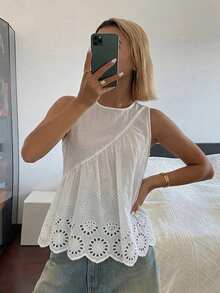DAZY Solid Color Loose Short Sleeve Round Neck Pleated Casual Vacation Summer Blouse Shirt For Women - White - View 4