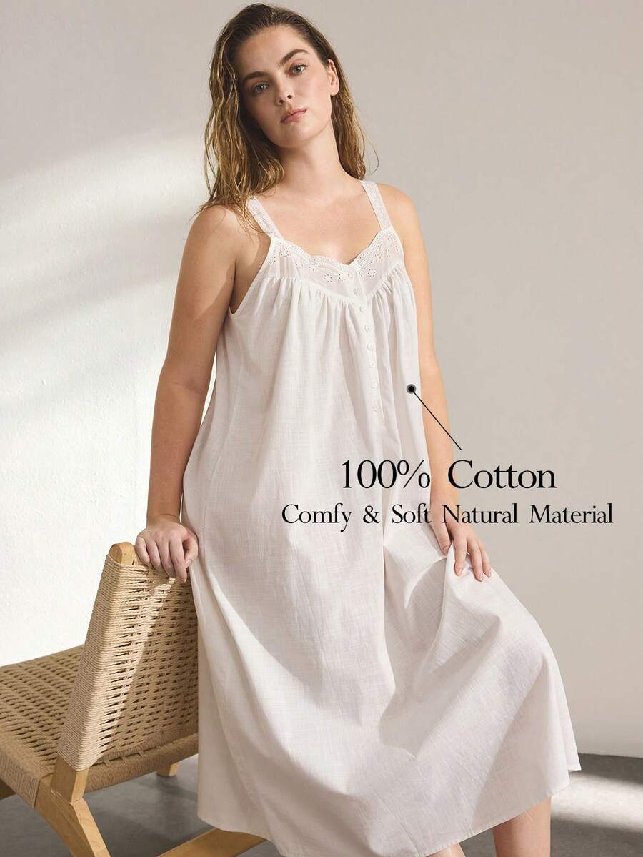 Ocili Camisón de algodón suave con bordado floral y diseño de botones huecos, vestido cómodo para el hogar para mujeres de talla grande - Blanco - Ver 1
