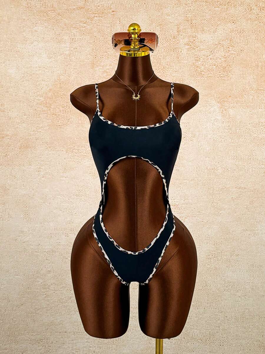 Swim Vcay Fashionable Resort Viral Leopard Print Drawstring One-Piece Swimsuit, Hot Selling For Spring/Summer - Black - View 1