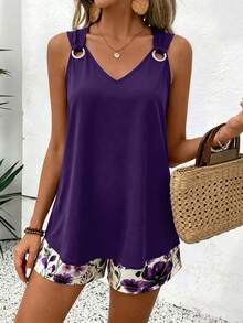 EMERY ROSE Setelan 2 Potong Wanita Tanpa Lengan Leher V Kasual Minimalis Bergaris - Purple - View 3