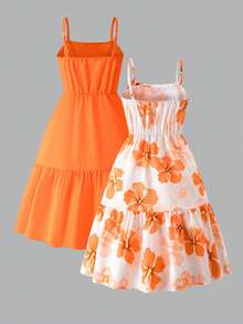 Elladie kids 女童夏季休閒甜美吊帶洋裝，粗棉布紋理與清透配色組合，適合戶外度假，可愛休閒夏季必備女童套裝 - 亮橙色 - 查看 2