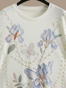 GlowEve Women's Round Neck Faux Pearl Decorated Floral Butterfly Embroidered Pattern Casual Versatile Daily Outing T-Shirt - White - View 5
