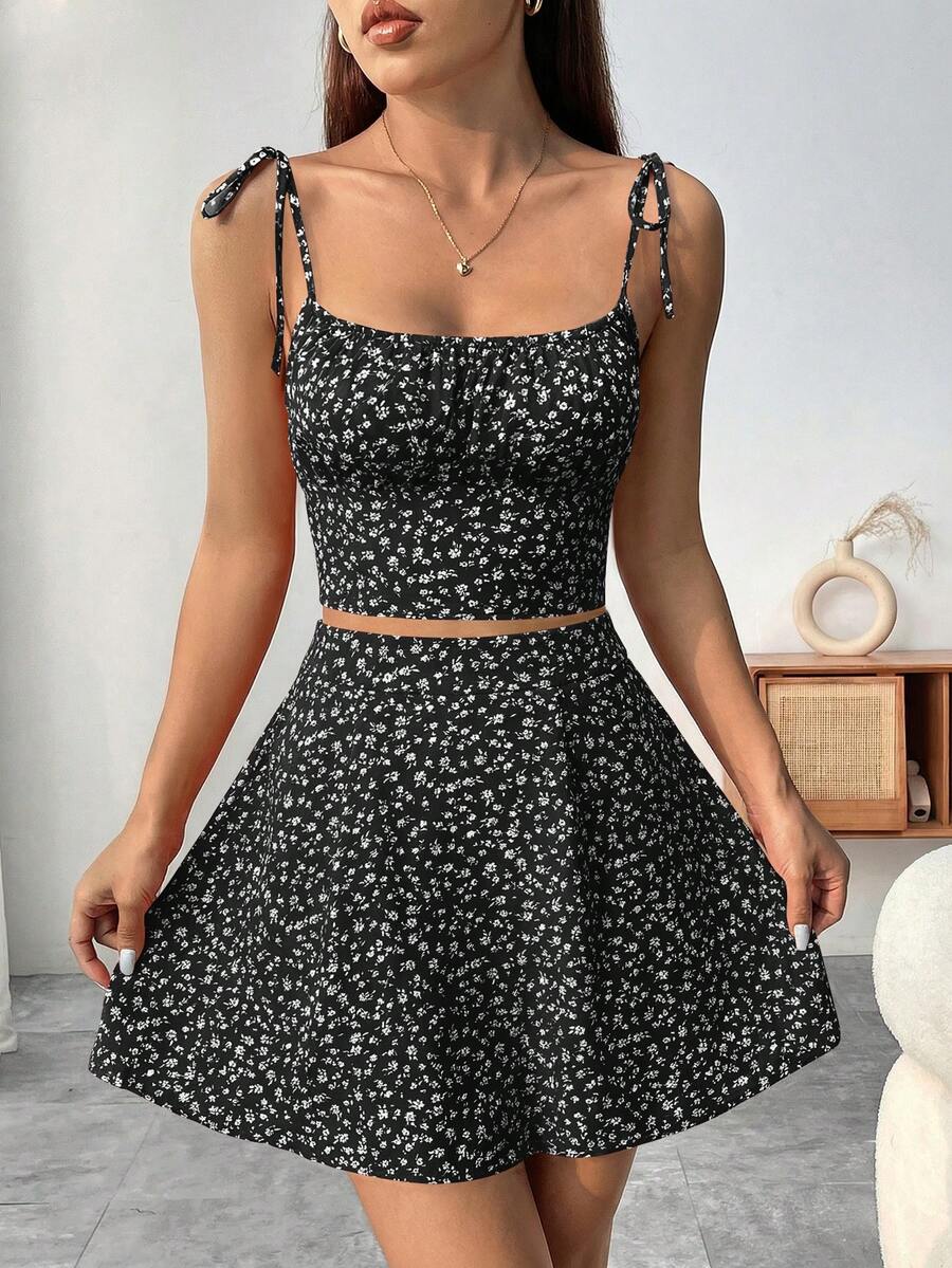 SHEIN Raffinéa Women's All-Over Print Camisole Top And Mini Skirt Casual Cottagecore Everyday Set Beach Black Floral Summer