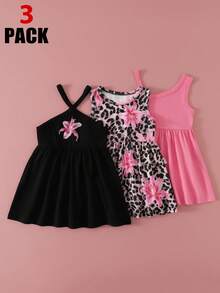 SHEIN Playful Pals 3件組女嬰時尚多巴胺色無袖洋裝套裝，夏季戶外穿著 - 彩色 - 查看 3