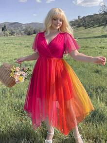 Lyrianda Plus Size Spring/Summer Punk Colorful Gradient Short Sleeve Asymmetrical Hem Dress - Multicolor - View 4