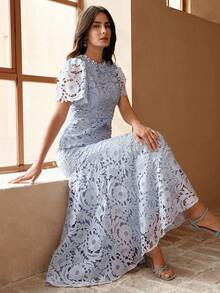 Anewsta Women's Elegant Water-Soluble Floral Hollow-Out Long Dress - Blue - View 7