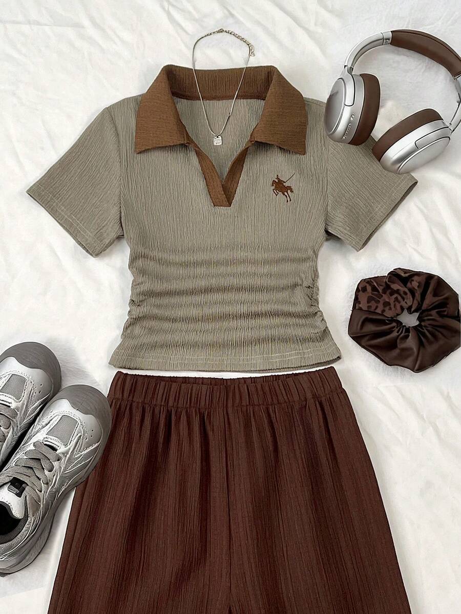 Tween Girl Contrast Collar T-Shirt And Long Pants Set - Multicolor - View 1