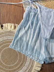 Swim Vcay 3 PiecesBohemian Style Crochet Fabric Drawstring Swimwear Cover-Up Bikini Set - Baby Blue - View 5