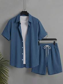 Surfspeed Men's Solid Color Short Sleeve Single-Breasted Shirt And Drawstring Waist Shorts Beac Holiday / Vacation / Beach / Hawaii / Tropical / Swim /  Bathing - Blue - View 2