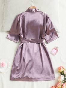 Girls' Elegant Premium Purple Comfortable Soft Satin Fabric Short Sleeve Regular Fit Pajamas Loungewear - Purple - View 2