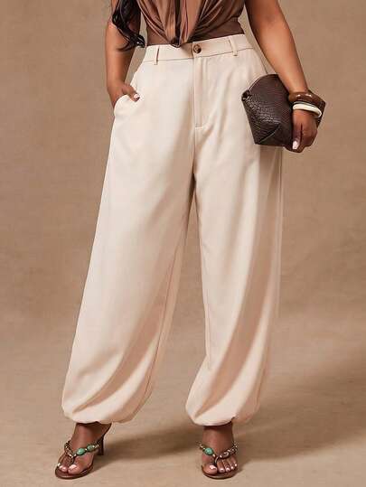 Radiana Plus Size Women's Minimalist High Waisted Wide Leg Drawstring Pants,Commuter Trousers For Pink Summer Smart Casual Everyday Work All Seasons Fashion