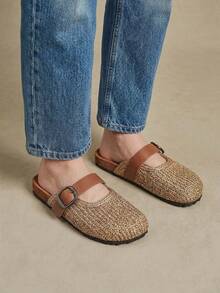 Solecia Women's Shoes Spring And Summer New Woven Grain Pattern, Gold Woven Tape Design, Buckle, Round Toe Design, Slip-On Exposed Heel, Comfortable And Simple Vacation, Women's Flat Shoes, A Must For Commuting, Casual And Versatile - Brown - View 9