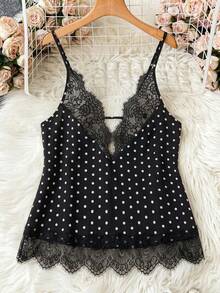 SHEIN LUNE Plus Size Spaghetti Strap Lace Patchwork Sleeveless Polka Dot Summer Camisole - Black - View 3