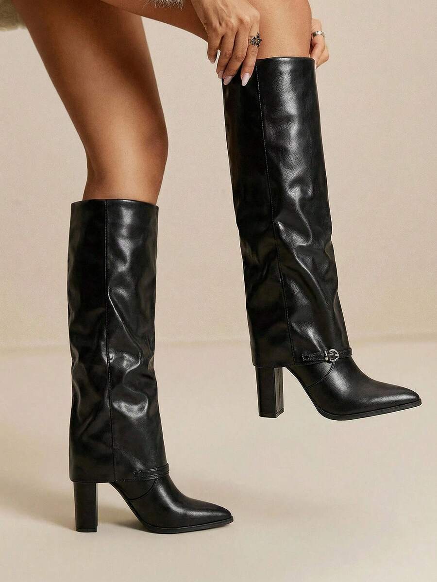 Daringsoles 女士尖头性感靴子,侧拉链秋冬靴,PU皮裤靴,度假派对女靴,华丽黑色粗跟搭扣 - 黑色 - 查看 1