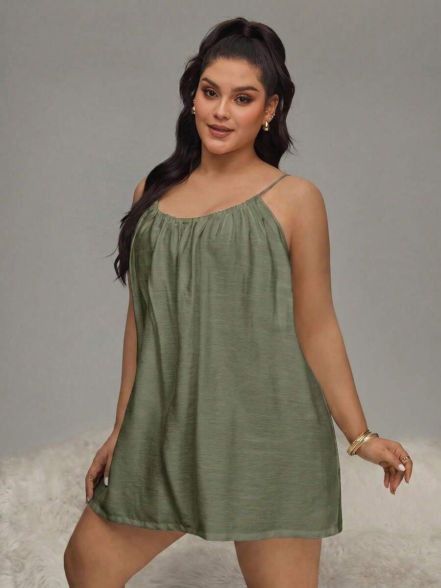 HautHeat Plus Size Women's Solid Color Pleated Casual Cami Nightgown - Army Green - View 1