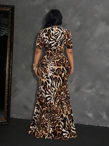 Maweii Vestido de Resort Sexy con Estampado de Leopardo Talla Grande - Marrón - Ver 3