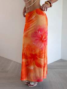 Opulessa Knitted Mesh Printed Low-Waist Fitted Mermaid Hem Skirt For Women - Orange - View 8