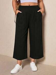SHEIN Tall CURVE 大码休闲纯色宽松裤 - 黑色 - 查看 4