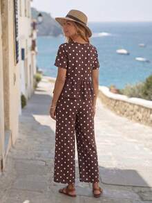 EMERY ROSE Women's Elegant Polka Dot Print Short Sleeve Ruffle Hem Top And Pants Set - Multicolor - View 2