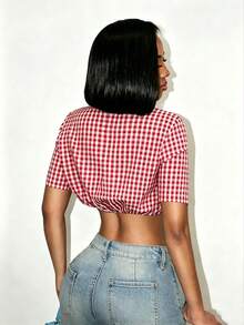 Mistrie Summer Cotton-Feel Red And White Plaid Short Shirt, Women's Deep V Twist-Front Short-Sleeved Shirt Y2K Sexy Street Vacation - Multicolor - View 2
