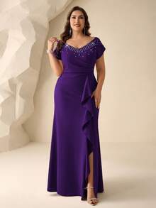 Coutiva Plus Size Solid Color Rhinestone Decorated V-Neck Short Sleeve Mother Of The Bride Dress - Purple - View 7