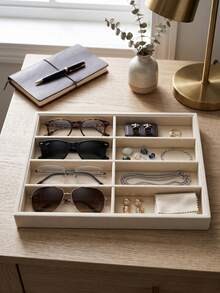 8-Compartment Velvet Fashion Glasses & Jewelry Storage Tray – Stackable Grey Display Tray, Polyester Fabric, Suitable For Eyewear And Accessories - Tray - View 3