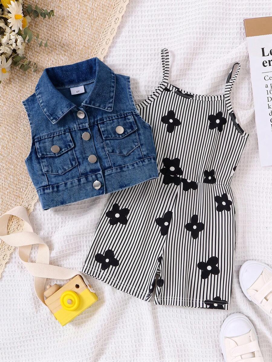 SHEIN Genkimix Kids 女童白色丹寧前開襟無袖背心外套,條紋花卉印花吊帶連身褲2件套,春秋兒童服飾 - 黑色 - 查看 1