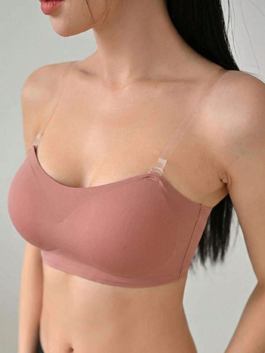 DAZY Sujetador estilo bandeau sin aros con tirante de hombro transparente desmontable - Rosa - Ver 1