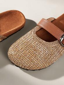 Solecia Women's Shoes Spring And Summer New Woven Grain Pattern, Gold Woven Tape Design, Buckle, Round Toe Design, Slip-On Exposed Heel, Comfortable And Simple Vacation, Women's Flat Shoes, A Must For Commuting, Casual And Versatile - Brown - View 4