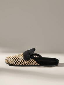 Solecia Women's Shoes Spring And Summer New Holiday Style Woven Mat Net, Buckle Decoration, Round Toe Design, Slip-On Heel, Comfortable And Simple Vacation, Women's Flat Shoes, Essential For Commuting, Casual Versatile, Dating Travel, Afternoon Tea - Black - View 3