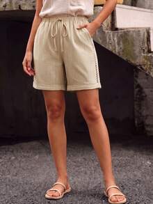Linhara Plus Size Women's Casual High Waist Tie Side Seam Hollow Lace Slant Pocket Wide Leg Shorts - Apricot - View 6