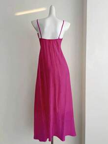 DreamSkyne Gaun A-Line Model Camisole Leher V Elegan Berlipit Chiffon Ukuran Plus dengan Motif Bunga 3D - Hot Pink - View 2
