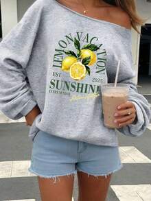 SHEIN EZwear 33%棉淺灰色女款露肩寬鬆休閒長袖運動衫，女款運動衫，女款秋冬穿搭 - 灰色 - 查看 2