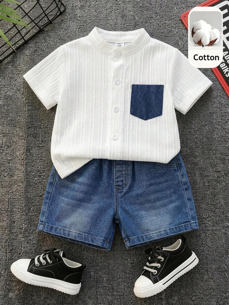 SHEIN 2件裝青少年男童休閒舒適百搭條紋小立領紋理面料短袖拼接牛仔口袋襯衫與牛仔短褲套裝,適合夏季、外出、旅行與度假 - 彩色 - 查看 1