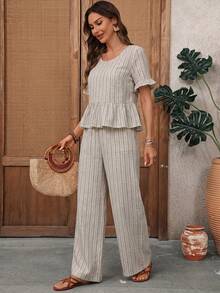 EMERY ROSE Regular Round Neck Casual Striped Versatile Women's 2 Pieces Set - Khaki - View 3